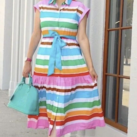 J.Crew Maxi Collared Shirt Dress Women Size 4 Turquoise White Stripe Midi Cotton - Picture 7 of 12